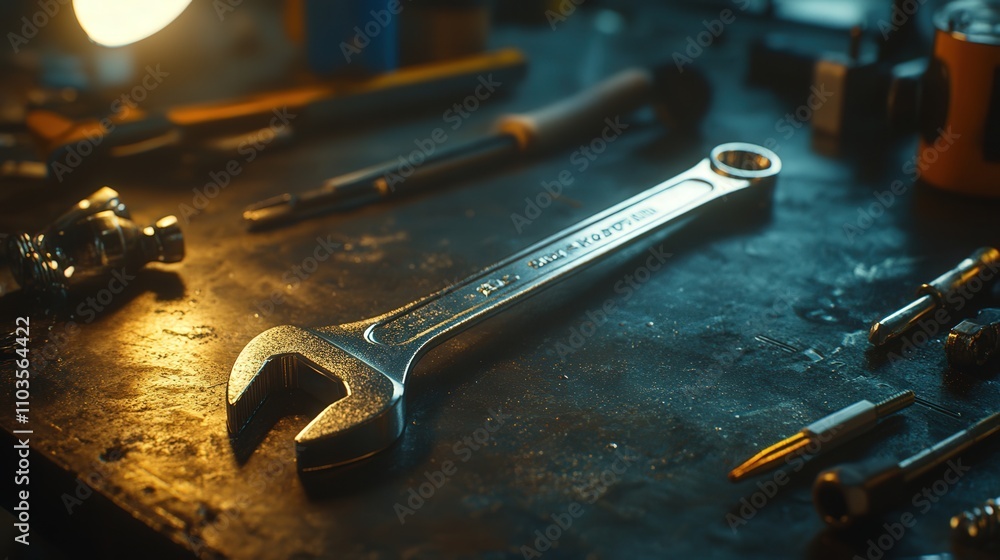 Poster a close-up of a high-quality wrench resting on a mechanic workbench, surrounded by various tools.