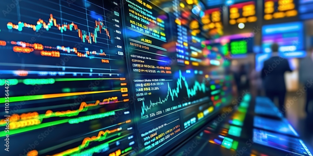 Poster multiple screens displaying stock market charts and data with colorful graphs and figures in a busy 