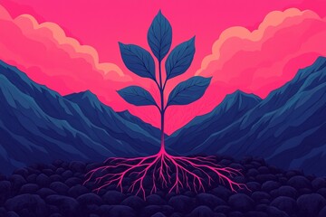 Fototapeta premium A vibrant illustration of a plant emerging from rocky soil, surrounded by mountains under a colorful sky, symbolizing growth and resilience.