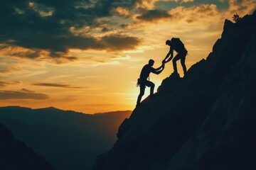 Fototapeta premium Two Climbers Assisting Each Other During a Sunset