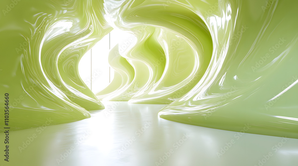 Poster abstract 3d rendering of a futuristic, organic space with flowing, lime green walls and a bright, op