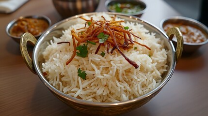 A bowl of fragrant rice topped with crispy fried onions, garnished with cilantro, accompanied by side dishes.