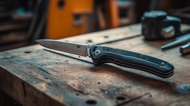 A close-up of a professional cutter knife on a workbench. The retractable blade is fully extended,