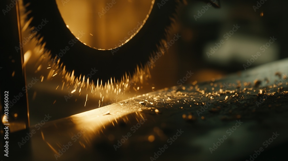 Poster a close-up of a saw blade being sharpened using a sharpening tool.