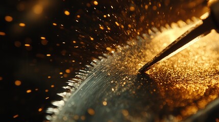 A close-up of a saw blade being sharpened using a sharpening tool.