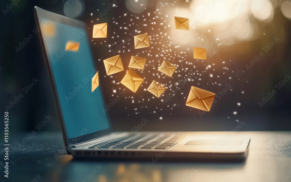 Aufkleber dynamic composition of emails flying towards laptop, creating sense of excitement and connectivity. 