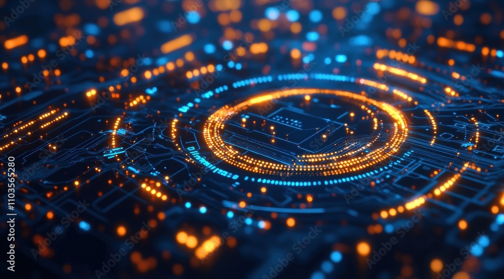 Aufkleber abstract futuristic digital background with a circuit board and glowing lights forming a circular pa