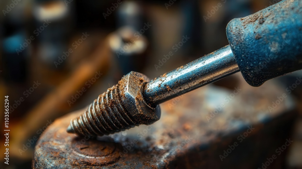 Poster a close-up of a screwdriver turning a rusty screw. the focus is on the grip of the handle and the tw