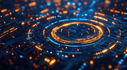 Abstract futuristic digital background with a circuit board and glowing lights forming a circular pattern