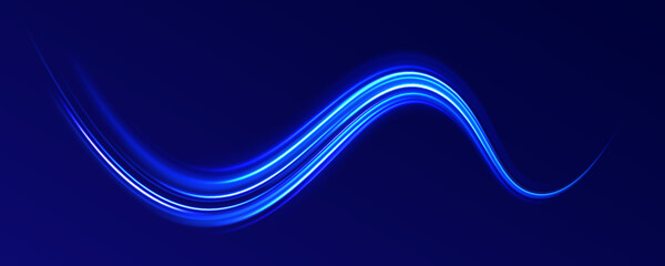 Abstract neon light motorway background. Magic bright shine glow of energy lines, shiny swirl power waves flow, electric trail glowing in dark background. Effect, png, wave,neon,line, speed, wavy. 