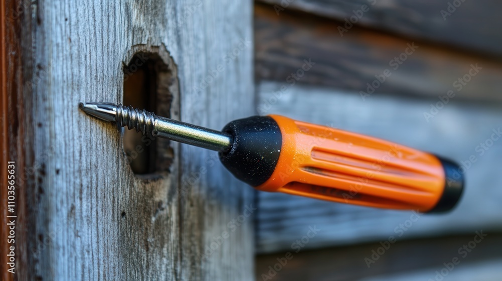 Poster a close-up of a screwdriver with a non-slip handle being used to fix a door handle