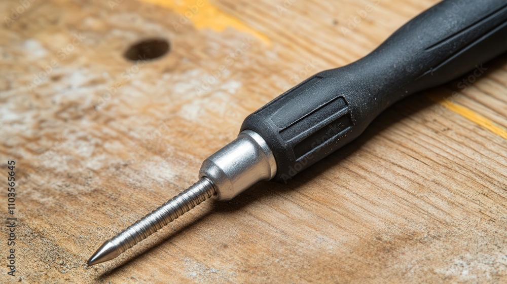 Poster a close-up of a screwdriver with a non-slip handle being used to fix a door handle