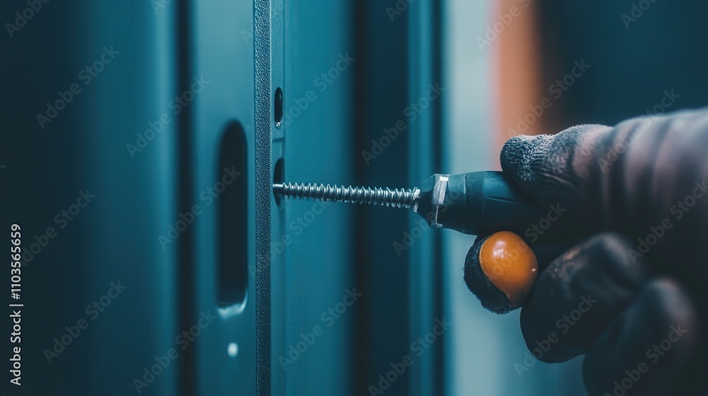 Poster a close-up of a screwdriver with a non-slip handle being used to fix a door handle