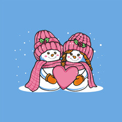 A whimsical snowman couple, bundled up in warm winter attire, is expressing their love with a heart-shaped balloon in a vector illustration