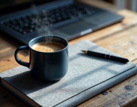 a cup of coffee is on a notebook next to a pen and a gray with blue accent opened laptop on table - Powered by Adobe