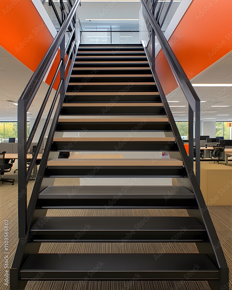 Poster a modern staircase in an office setting with orange accent walls and open workspace.