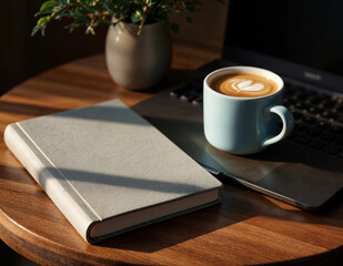 a cup of latte coffee on a gray opened laptop and notebook with a vase on wooden table