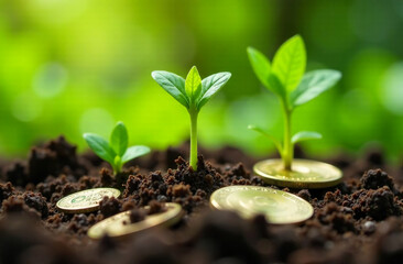A small plant sprouts between coins in a vibrant, green setting, symbolizing the flourishing of investments and the importance of sustainability. This image highlights growth, prosperity, and eco-frie