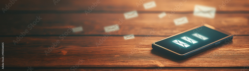 Aufkleber smartphone displaying email icons on wooden table, symbolizing communication and connectivity. glowi
