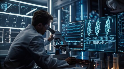 High-Tech Laboratory: Researcher Analyzing DNA Samples with Advanced Microscopy and Computer Technology