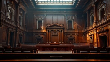 Fototapeta premium Empty courtroom, shadowed figures, silent justice.