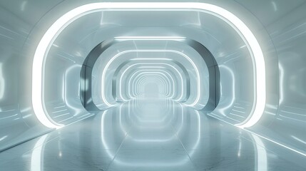 Obraz premium High-Tech Abstract Room: Futuristic Tunnel of Light Beams and Reflective Floor