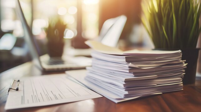 Neatly Organized Office Desk with Stacked Documents, Laptop, and Green Plant. Office supplies, office furniture,work environment, office efficiency, professionals