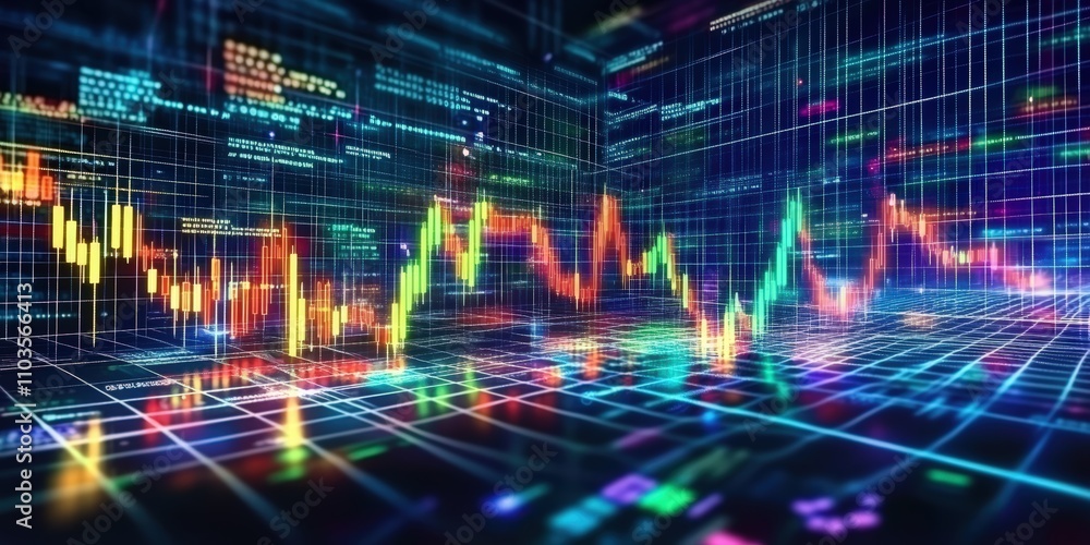 Poster colorful candlestick charts and stock market graphs displaying trends and data in a dynamic digital 