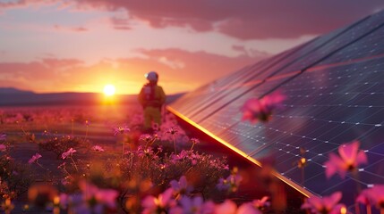 Fototapeta premium High-Tech Solar Array Field Maintenance at Sunset: Futuristic Energy Innovation