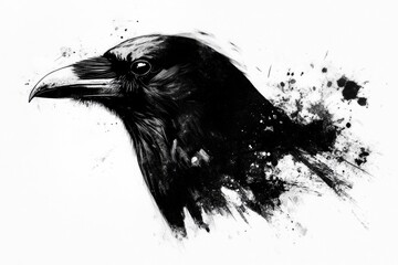 Black and White Raven Illustration with Ink Splatter
