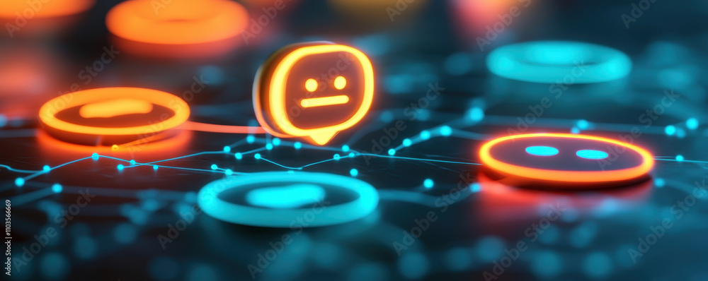 Poster digital chat icons connected by network pathway, showcasing communication technology and interaction