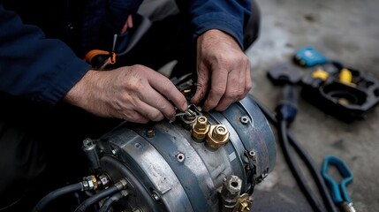 Obraz premium A close-up of an air conditioner technician hands fixing a compressor unit, carefully tightening bolts