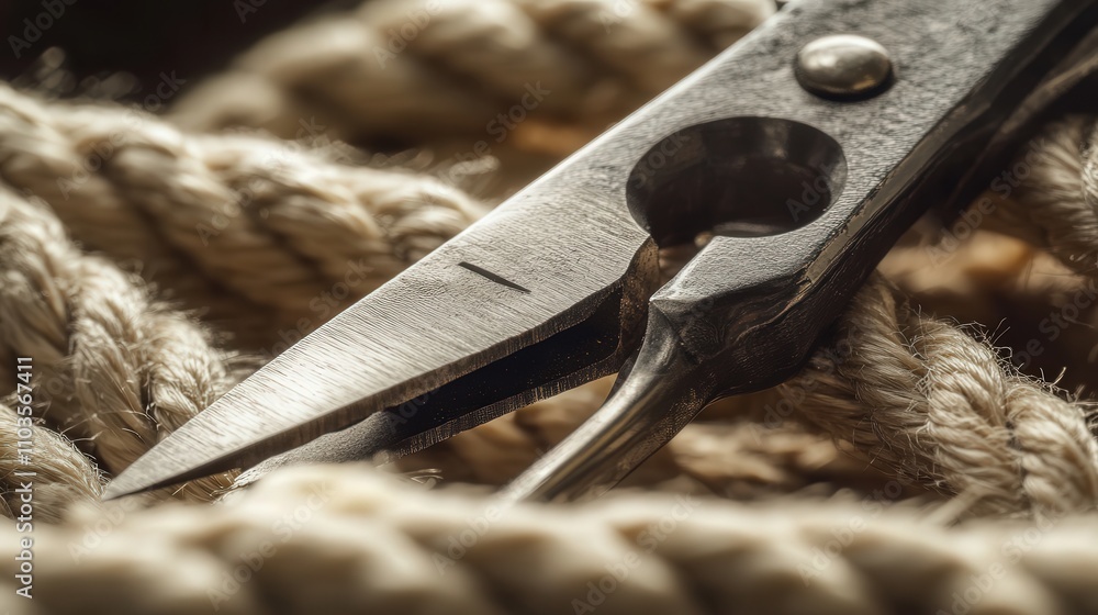 Poster a close-up of pliers cutting through a thick rope. the image focuses on the sharp edges of the tool 