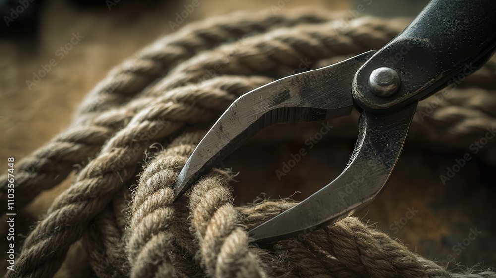 Poster a close-up of pliers cutting through a thick rope. the image focuses on the sharp edges of the tool 