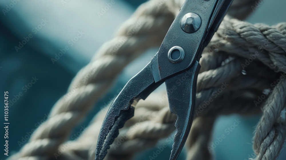 Poster a close-up of pliers cutting through a thick rope. the image focuses on the sharp edges of the tool 