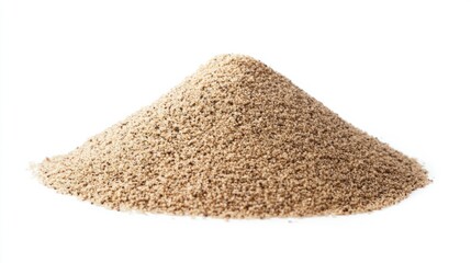 Desert sand pile with fine grains and softly curved edges, captured in detail against a plain white background
