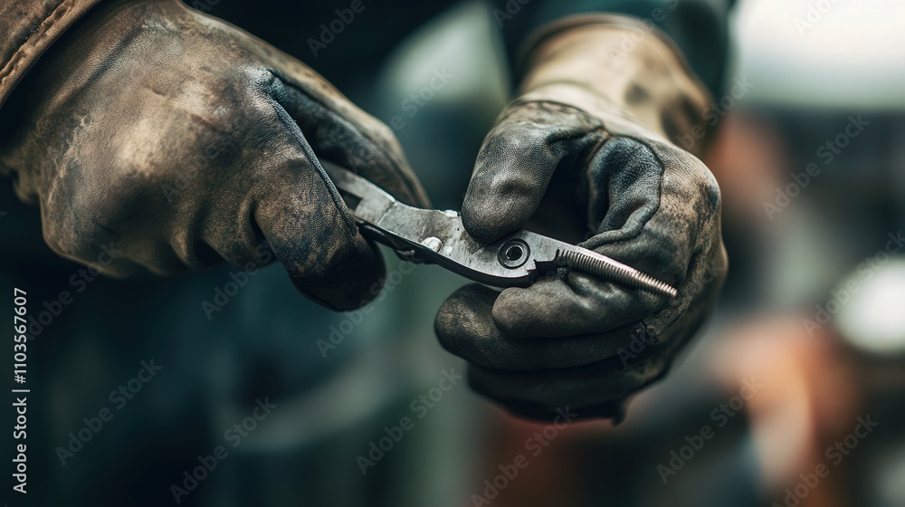 Poster a close-up of pliers gripping a small screw while a worker twists it into place.