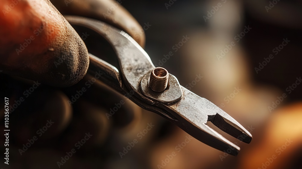 Poster a close-up of pliers gripping a small screw while a worker twists it into place.