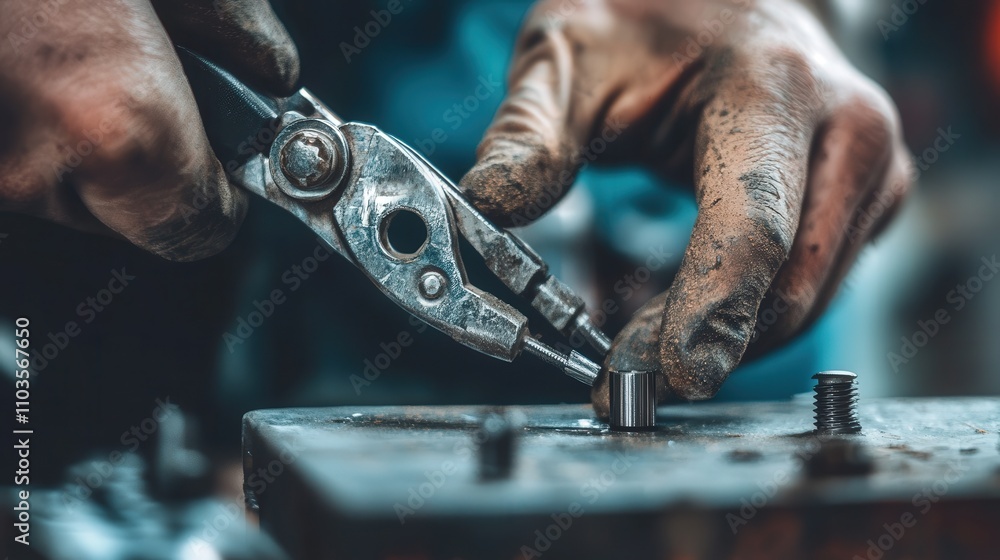 Poster a close-up of pliers gripping a small screw while a worker twists it into place.