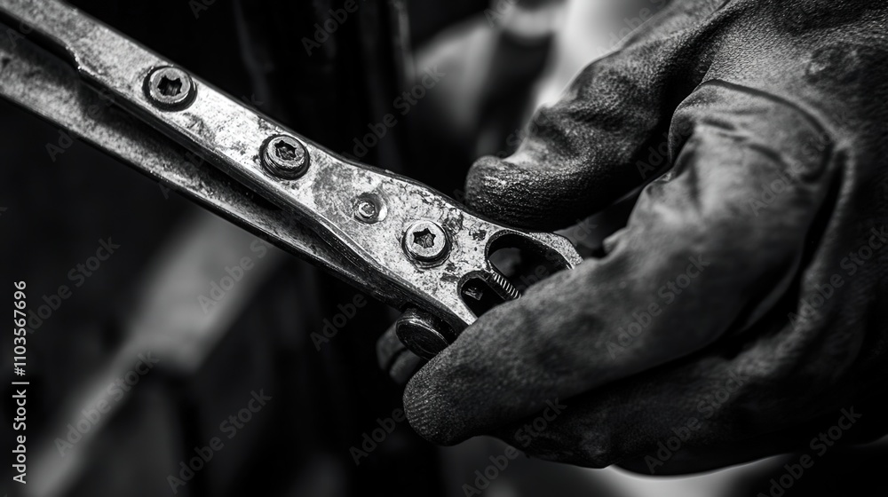 Poster a close-up of pliers holding a small metal object, with the worker using them to manipulate the piec