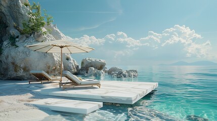 Fototapeta premium Luxury Beach Relaxation: White Marble Platform, Beach Chairs, Parasol, Ocean View