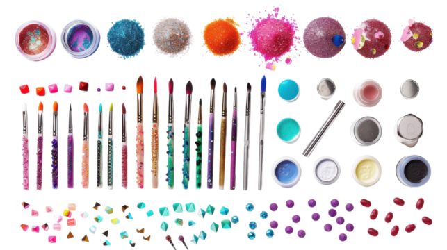 Colorful array of art supplies including brushes, glitters, and paints arranged neatly on a white surface.
