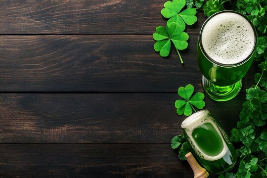 wooden background, on one side a green beer with some shamrocks, St. Patrick's Day.
