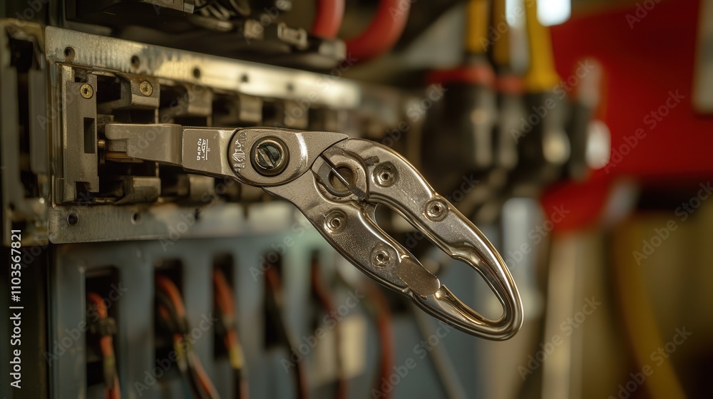 Poster a close-up of pliers used to fix a broken wire inside an electrical panel. the tool is being applied