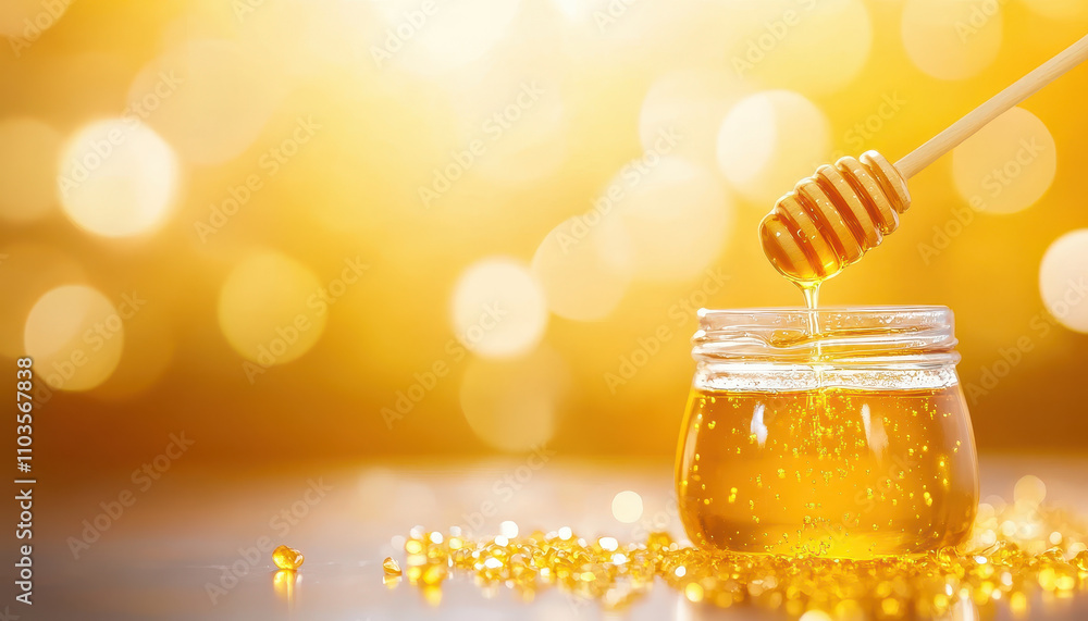 Poster honey dipper with flowing golden honey in jar, creating warm and inviting atmosphere. shimmering hon
