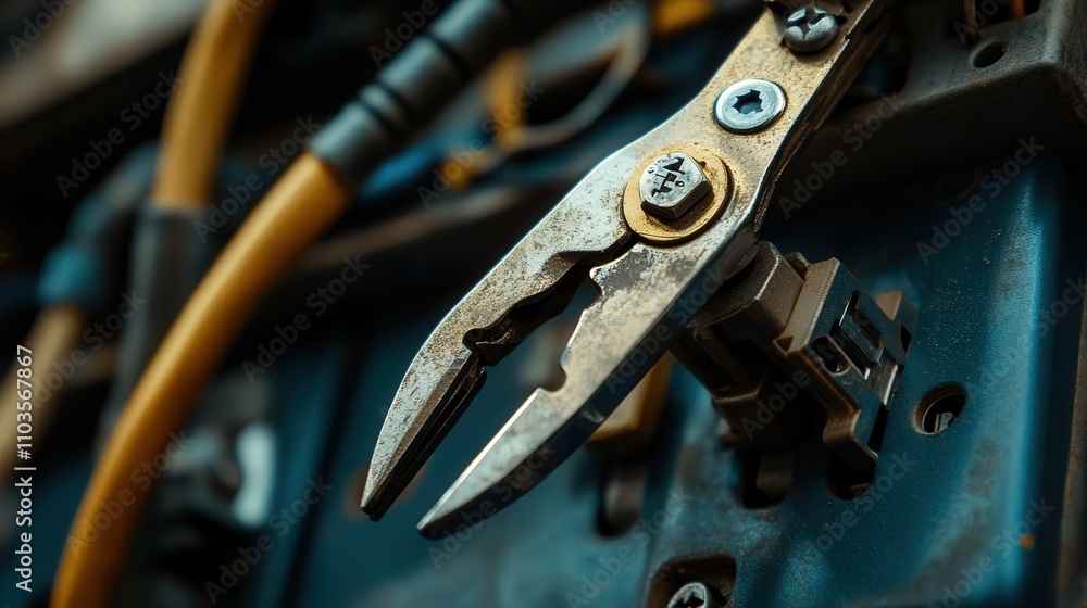 Poster a close-up of pliers used to fix a broken wire inside an electrical panel. the tool is being applied