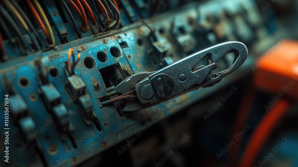 Poster a close-up of pliers used to fix a broken wire inside an electrical panel. the tool is being applied