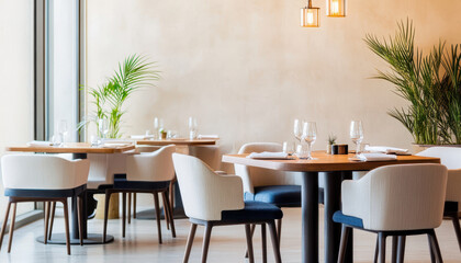 Modern restaurant interior with elegant furniture and plants