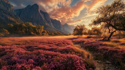 Vast Valley with Morning Light, Colorful Auroras, Misty Ground, Glowing Wildflowers, and Pastel Sky with Mountain Depth, Generated AI