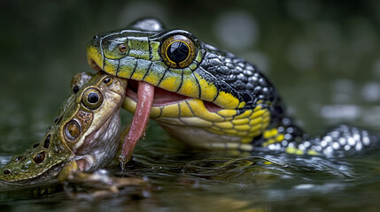 Obraz premium Yellow and Black Snake Devouring Green Frog in Water, Dramatic Close-up Macro Photography of Predator and Prey in Natural Habitat During Rainfall